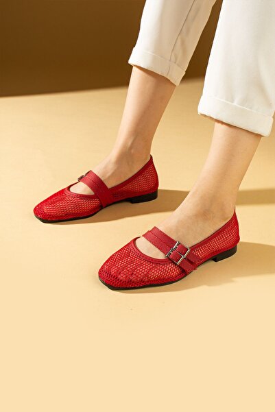 Pembe Potin Red Mesh Light Ballerinas - Stylish and Comfortable Daily Women's...