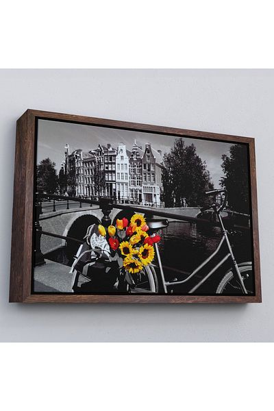 Harita Sepeti Painting Bicycle and Tulips in Amsterdam Canals with White Frame