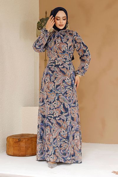 Neva Style Rochie Hijab Albastru Petrol cu ​​Model Floral 27975PM