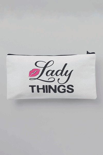 qoeuyl boutique Geantă de machiaj din pânză albă imprimată Lady Things Portofel pentru stilouri