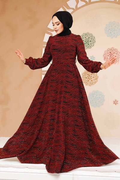 Neva Style Stone Beaded Embroidered Burgundy Hijab Dress 23882Br