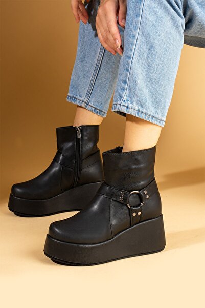 Pembe Potin Kadın Siyah Platform Yüksek Doldu Taban Siyah Tarz Bot