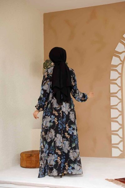 Neva Style Floral Patterned Black Hijab Dress 27971S