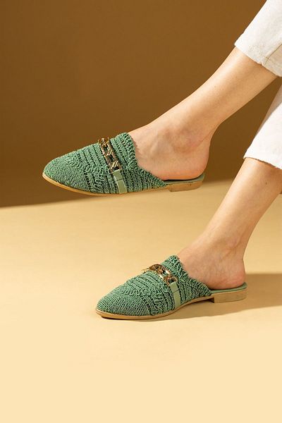 Pembe Potin Women's Green Lace Embroidered Chain House Slippers Wooden Sole Outdoor Slippers