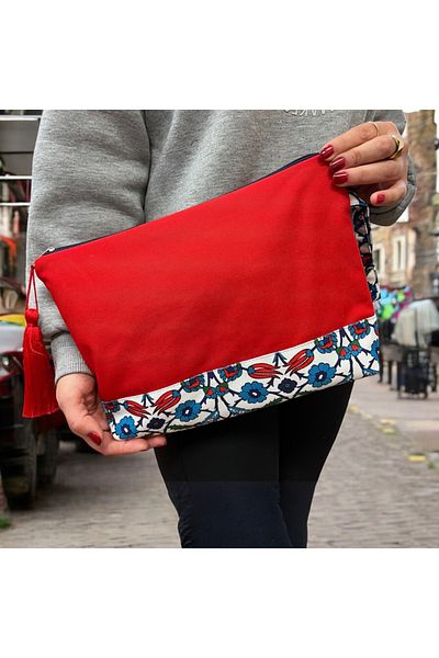 Atölye No 35 Kulturtasche Damen, Kosmetiktasche Rot, Etnisches Muster, 32x24 cm