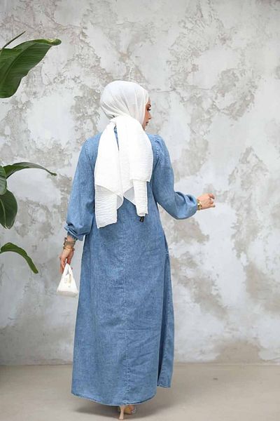 Neva Style Rochie albastră din denim hijab cu buzunar 19141M