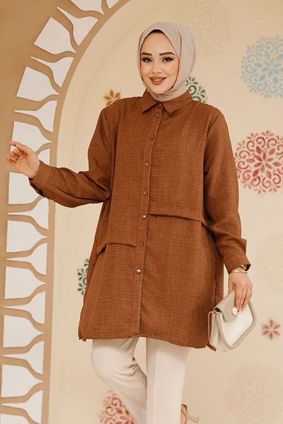 Neva Style Μπλουζάκι με κουμπιά καφέ Hijab 30881KH