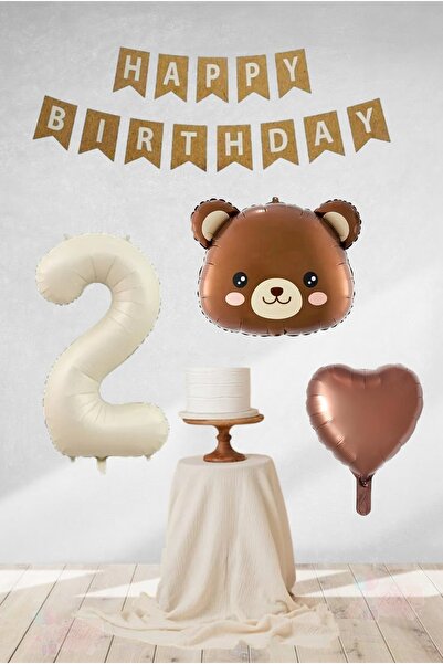 BİDOLUMUTLULUK Retro Krem Bej Yaş Folyo Balon Kraft Happy Birthday Flama Ayıc...