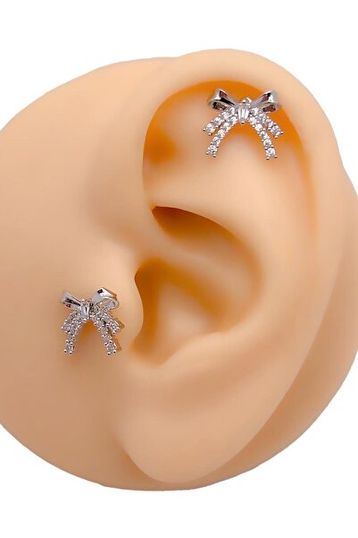 Trinos Cerrahi Çelik Piercing İki Şeritli Fiyonk Figürlü Kıkırdak Helix Tragu...