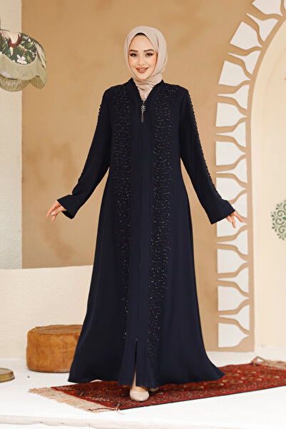 Neva Style Bead Embroidered Navy Blue Hijab Ferace 29127L