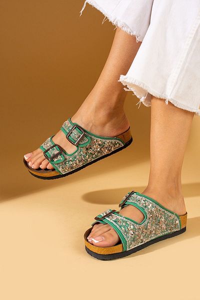 Pembe Potin Orthopedic Green Slippers - Natural Stone, Double Band, Buckle, Daily Comfortable Design