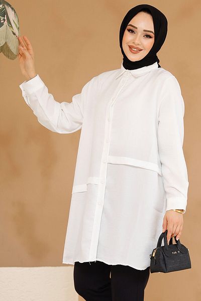 Neva Style Λευκό Hijab Τουνίκ με κουμπί 30881B