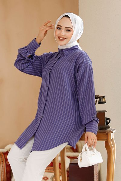 Neva Style Cămașă Hijab cu dungi violet închis 30702KMOR