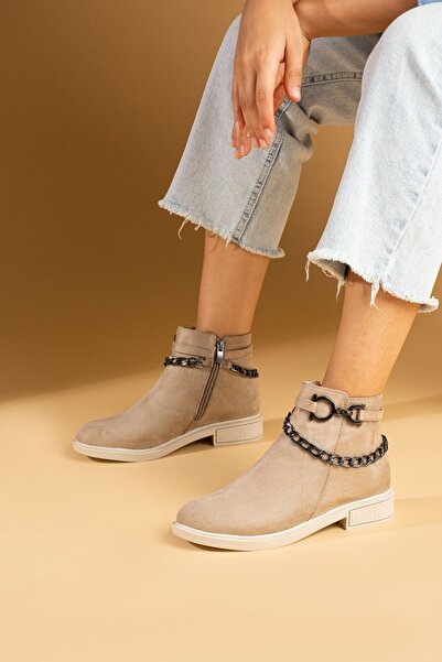 Pembe Potin Women'S Cream Suede Zippered Chain Poly Sole Daily Comfortable Lined BootS