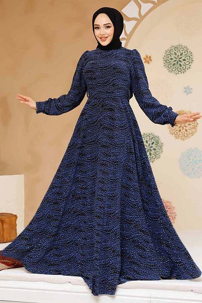 Neva Style Stone Bead Embroidered Indigo Blue Hijab Dress 23882Im