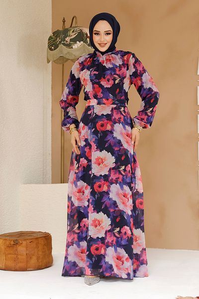 Neva Style Floral Patterned Navy Blue Hijab Dress 27983L