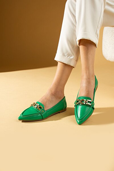 Pembe Potin Lightweight Ballerinas with Green Chain Buckle - Stylish Comfortable Daily Women's Shoes