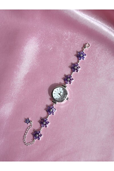 Reorah Collection Floral Radiance Saat-Zirkon Taşlı Çiçekli Saat Gümüş Kaplama