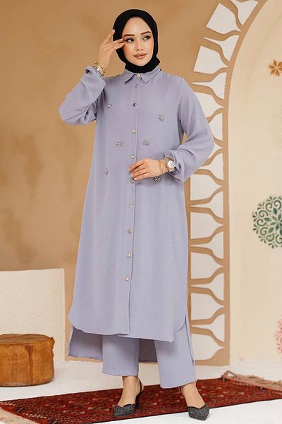 Neva Style طقم حجاب رمادي مزدوج مزين بالخرز 12082GR
