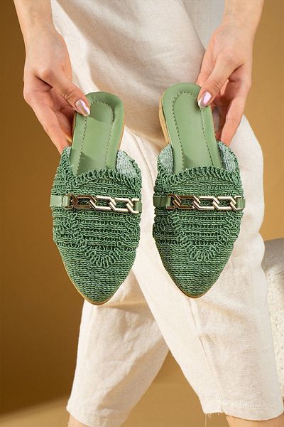 Pembe Potin Women's Green Lace Embroidered Chain House Slippers Wooden Sole Outdoor Slippers