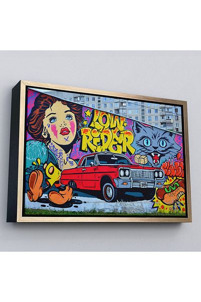 Harita Sepeti Pictură pe pânză retro mașină roșie realizată cu graffiti cu cadru auriu