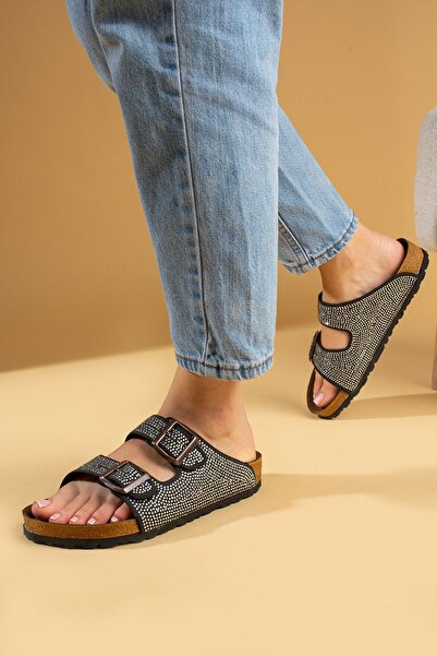 Pembe Potin Orthopedic Sole Black Stone Double Banded Daily Buckle Slippers