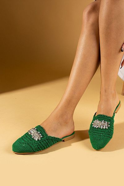 Pembe Potin Women's Green Lace Embroidered Stone Buckle Home Slippers Wooden Sole Outdoor Slippers