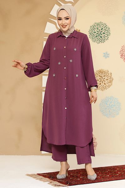 Neva Style طقم حجاب مزدوج مزين بالخرز باللون الوردي الداكن 12082KGK