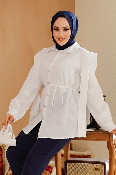 Neva Style Tunica albă hijab cu detaliu brâu pe umeri 10131B