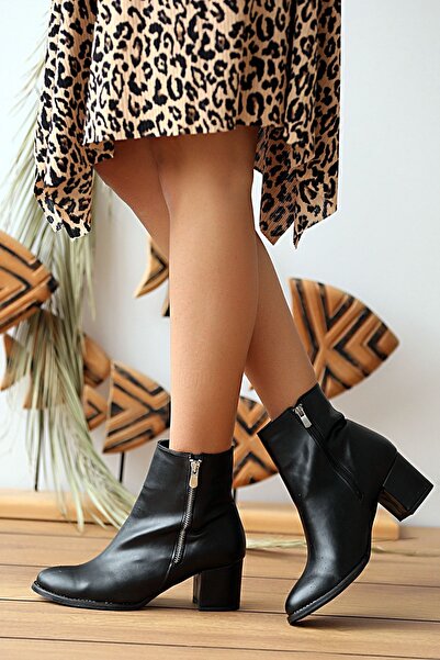 Pembe Potin Kadın Siyah Topuklu Bot