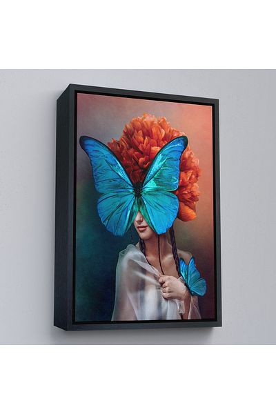 Harita Sepeti Blue Butterfly Woman Pictură în ulei Aspect Decorativ Pictură murală pe pânză cu cadru auriu