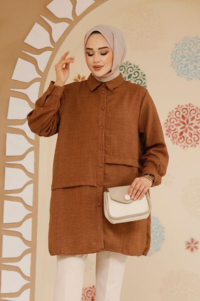 Neva Style تونيك حجاب بني بأزرار 30881KH