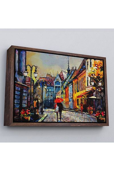 Harita Sepeti White Framed Hungary Budapest Street Landscape Oil Painting View Painting