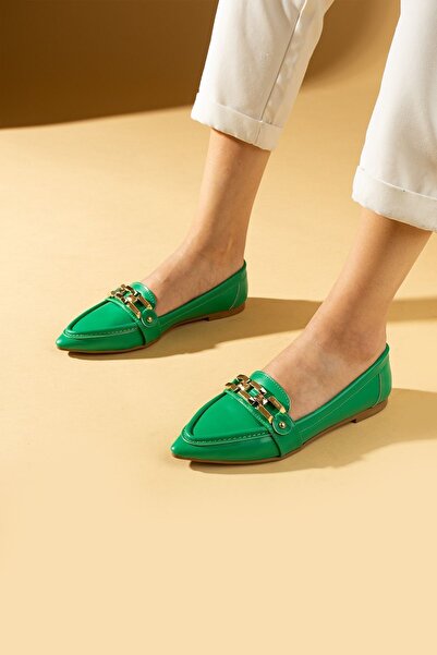 Pembe Potin Lightweight Ballerinas with Green Chain Buckle - Stylish Comfortable Daily Women's Shoes