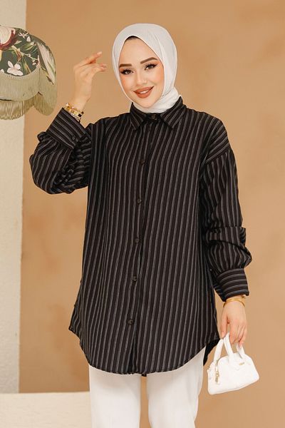 Neva Style Cămașă neagră Hijab cu design grilă (model nr.: 30702S)