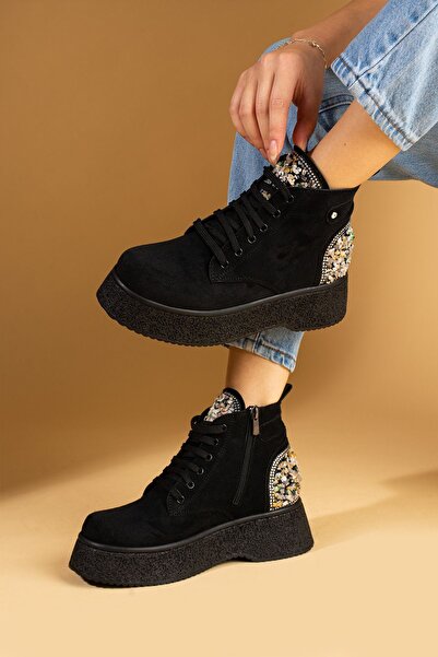 Pembe Potin Kadın Taş Detaylı Siyah Süet Yüksek Platform Taban Günlük Şık Rahat Bot