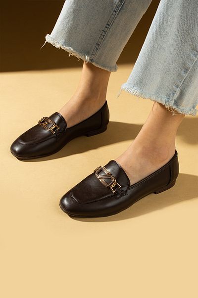Pembe Potin Women's Ballerinas Brown Buckle Lightweight Comfortable Sole Stylish Casual Shoes