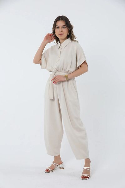 Nazline Women's Belted Buttoned Shirt Collar Linen Jumpsuit