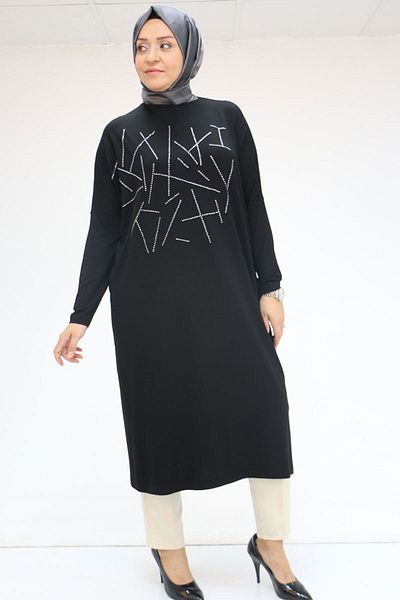 Eslina 58021 Large Size Stone Printed Combed Cotton Tunic - Black