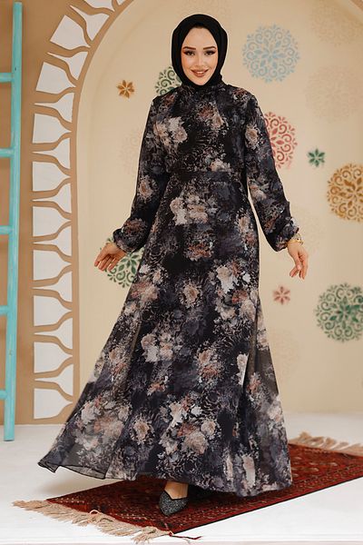 Neva Style فستان حجاب أسود منقوش بالزهور 27967S