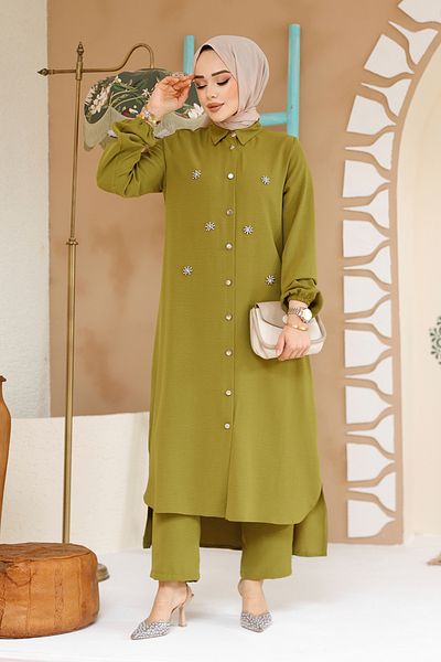 Neva Style طقم حجاب أخضر زيتي مزين بالخرز مكون من قطعتين 12082YY
