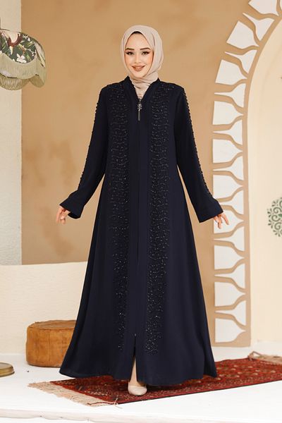 Neva Style Bead Embroidered Navy Blue Hijab Ferace 29127L