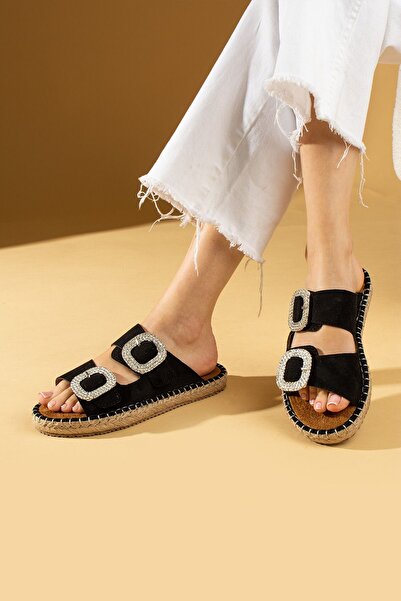 Pembe Potin Women's Black Suede Crystal Double Buckle Poly Comfortable Straw Sole Slippers Sandals