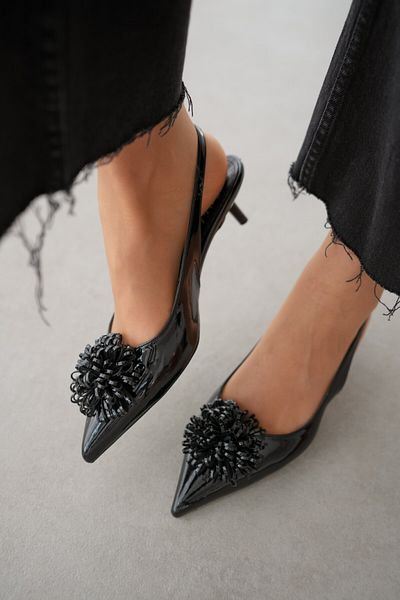 selinshoes Aura Pointed Toe Kitten Heel Women's Stiletto with Front Detail - Black