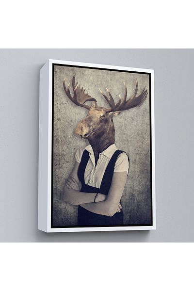 Harita Sepeti White Framed Deer Head Human Canvas Print