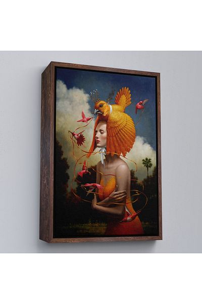 Harita Sepeti Pictură în ulei surrealistă cu cadru alb, pasăre feminină, Steven Kenny, pictură pe pânză