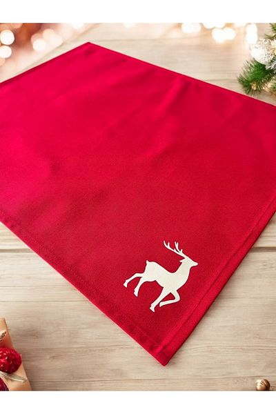 Atölye No 35 Tischsets Weihnachten, 4er Set Rot Gold Rentier-Stickerei, Abwaschbar 45x35 cm