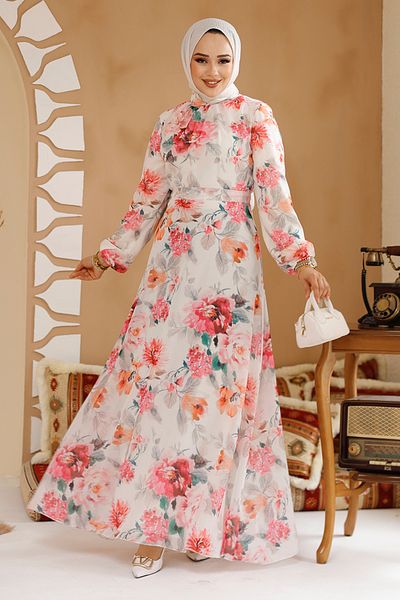 Neva Style Rochie Hijab Roz Albă Cu Motiv Floral 27962BP