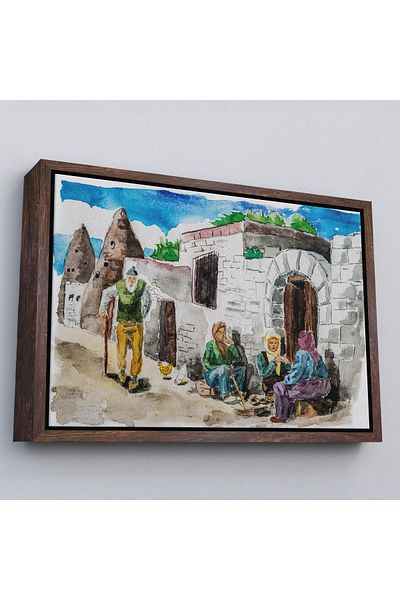Harita Sepeti Un sat din Cappadocia în cadru alb Vedere în acuarelă Pictură decorativă