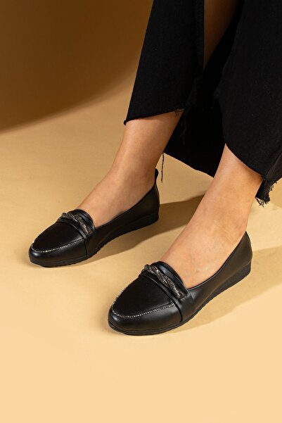 Pembe Potin Women's Ballerinas Black Stone Detailed Lightweight Comfortable Sole Stylish Casual Shoes